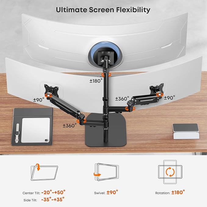 Triple Monitor Stand Up to 49 inches,Fully Adjustable Triple Monitor Mount with Gas Spring,Free Standing 3 Monitor Desk Stand Mount with Base and Cable Management,Holds 44 lbs,Black