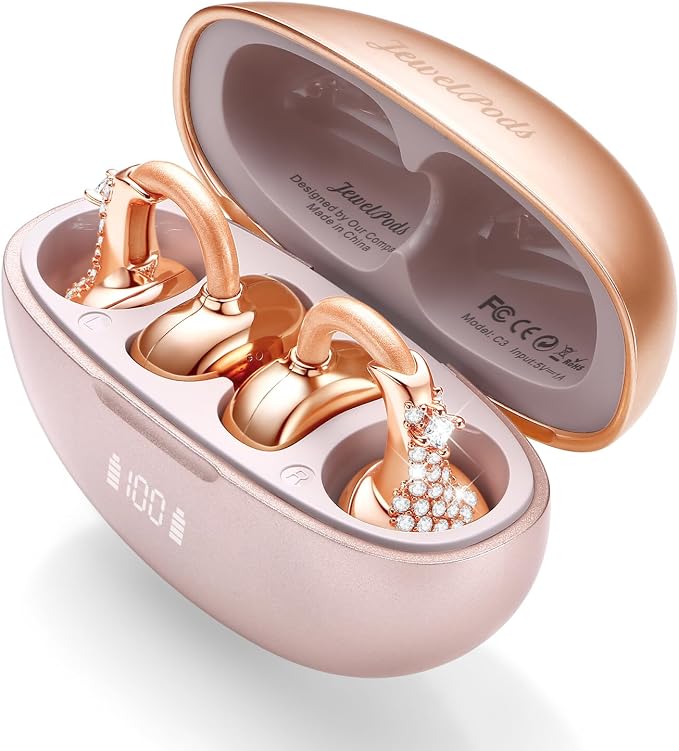JewelPods C3 Wireless Bluetooth Earbuds, Jeweled Open-Ear Headphones, Pink | Ultra-Light Memory Wire Clip-On Earrings for All-Day Comfort, 60H Playtime, Sweat & Water Resistant, Premium Sound