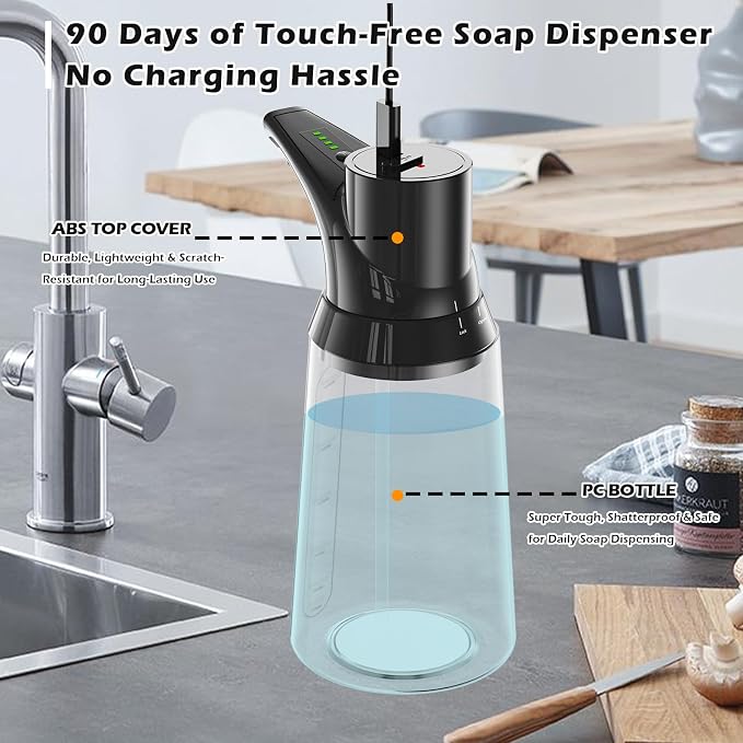 2 Pack Automatic Liquid Soap Dispenser Touchless,Black 4-Level Adjustable Modern Type-C Rechargeable Electric Sensor Soap Dispenser,Hand Sanitizer Dispenser for Kitchen