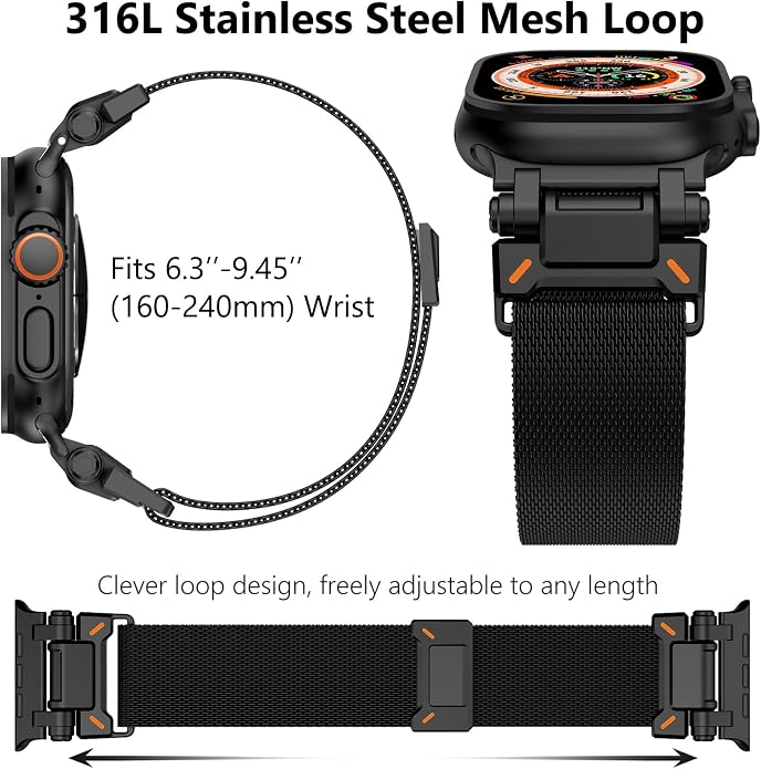 WINGLE Milanese Loop for Apple Watch Band Ultra 3/2/1 Band Ultra 49mm Series 11 10 46mm 45mm 44mm SE 3/2/1 Series 9 8 7 6 5 4 3 Men Women,Parachute-Style Buckle Stainless Steel Mesh Metal iWatch Bands