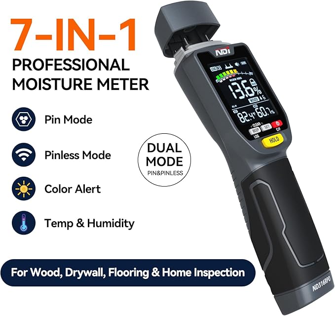 NDI ND316PRO Dual-Mode Moisture Meter – Pin & Pinless Non-Destructive, Wood & Building Materials, Temperature & Humidity Display, Data Log, Backlit LCD