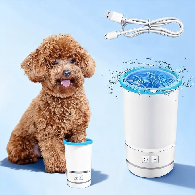 Rechargeable Automatic Dog Paw Cleaner, White - Portable Pet Paw Washer Cup with Soft Silicone Brush, 7.4V High Power, Suitable for Small to Medium Dog and Cat Grooming