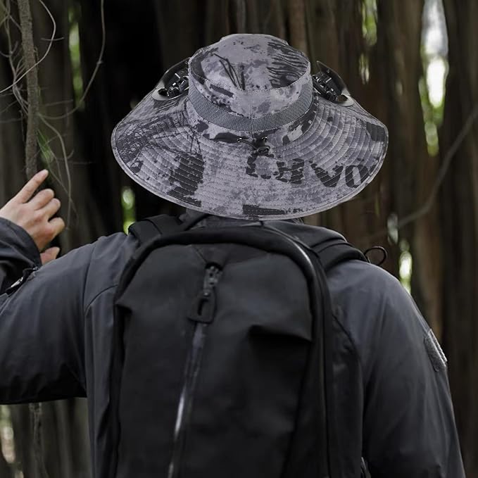 Outdoor Solar Powered Fan Hat for Men Women Breathable Wide Brim Hat with 2 Fans UPF 50+ Fishing Hat Beach Bucket Sun Hat