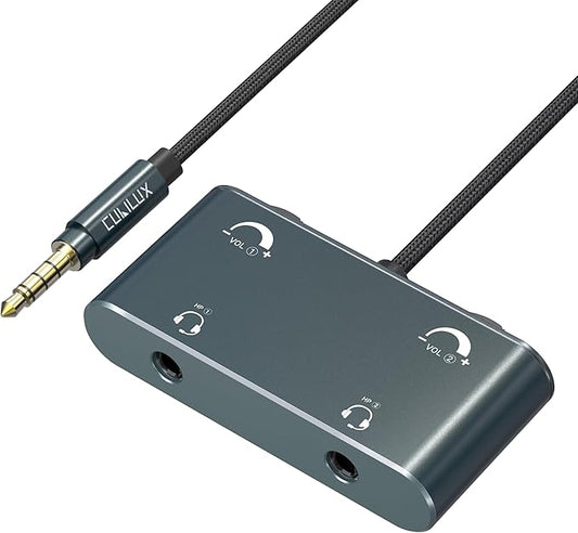 Cubilux 3.5mm Dual Headset Adapter with Volume Control, 1/8" to 2 TRRS Microphone Connector, Double Headphones Audio Splitter for 2 People Meeting, Recording, Online Training, Music Sharing