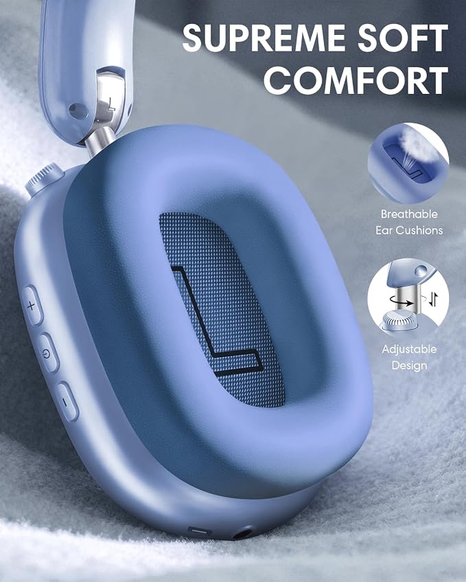 Wentronic Y02 Active Noise Cancelling Headphones, Wireless Over-Ear Bluetooth 5.4 Headphones with Microphone, 60H Playtime, Hi-Res Audio, Big Bass, Foldable Lightweight for Travel Home Office, Blue