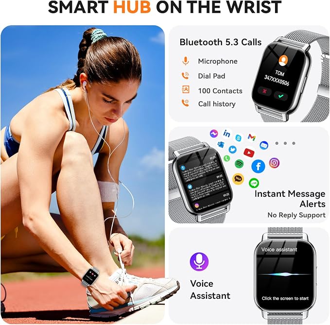 Smart Watch for Women (3 Bands), 1.85'' HD Fitness Tracker with Bluetooth Calls, IPX8 Waterproof Smartwatch for Android iPhone, 112+ Sport Modes, Heart Rate & Sleep Monitor, Silver