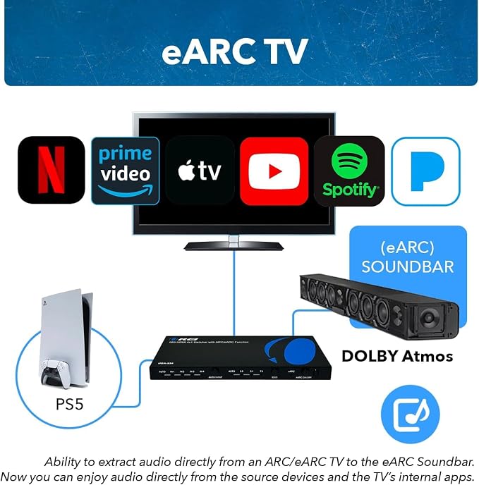 OREI eARC 4K 60Hz Dolby Atmos Audio Extractor Switch with 3 Inputs - Connect ARC/eARC Soundbar. HDMI 2.0 and HDCP 2.2 Compliant - CEC Pass Through - HDR, Dolby Vision Supported (HDA-934)