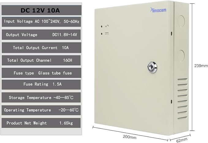 16 Channel Port 12V DC 10 Amp Amper with Glass Fuse Distributed Power Supply Box for CCTV DVR Security System and Camera or IP Cameras