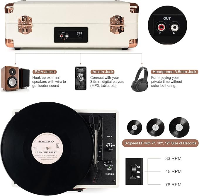 Turntable Vinyl Record Player 3-Speed Suitcase Portable Belt-Driven Record Player with Built-in Speakers RCA Line Out AUX in Headphone Jack Vintage White