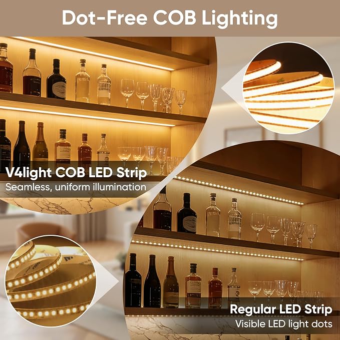 V4light Smart COB LED Strip Lights 16.4ft 24V, Tunable White 2700K–6500K Dot-Free Lighting, Alexa & Google Voice Control, App & Remote, CRI90+ Under Cabinet Lighting for Kitchen & Closet