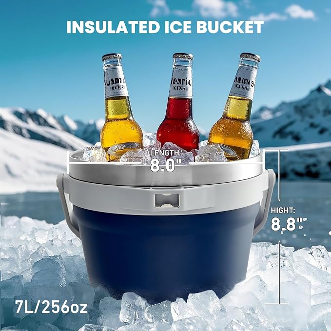 COKTIK 7L Insulated Ice Bucket with Lid，Double Wall Vacuum Stainless Steel Beverage Bucket Keeps Frozen Longer，Holds 6 Longnecks or 3 Bottles of Wine，for Cocktail, Champagne(No Accessories, Navy)