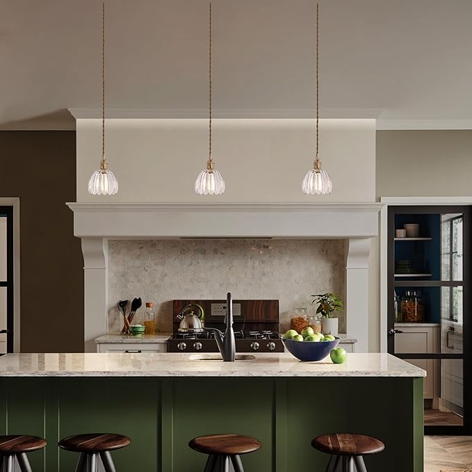 Shenmoyl Pendant Light with Clear Tulip Glass Lmapshade, Brass Vintage Pendant Light Adjustable Hanging Light for Kitchen Island Dining Room Hallway