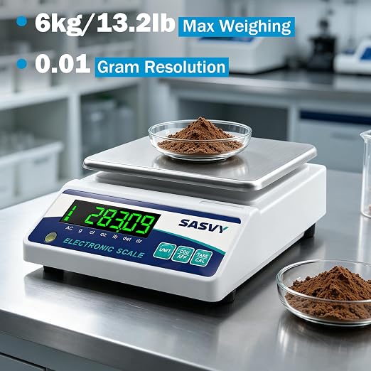 Lab Scale 6000g x 0.01g Scientific Scale g/oz/ct/lb/dr/DWT High Precision Digital Electronic Analytical Balance for Jewelry Kitchen Laboratory School, Includes 500g Calibration Weight&Battery