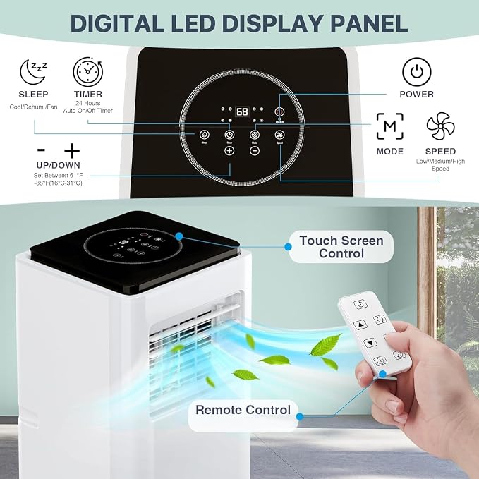 Portable Air Conditioners, 10000 BTU Portable AC, Cools up to 450 Sq. Ft 3-in-1 Mobile AC for Room with Dehumidifier Fan Sleep Mode, 24H Timer, Remote Control, and Window Installation Kit Included