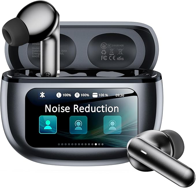 Wireless Earbuds with Smart Touchscreen Case, Bluetooth 6.0 Ear Buds with AI Noise Cancelling Calls, 40H Playtime Stereo Headphones, IPX7 Waterproof Earbuds for Workout, Travel, iPhone, Android, Grey