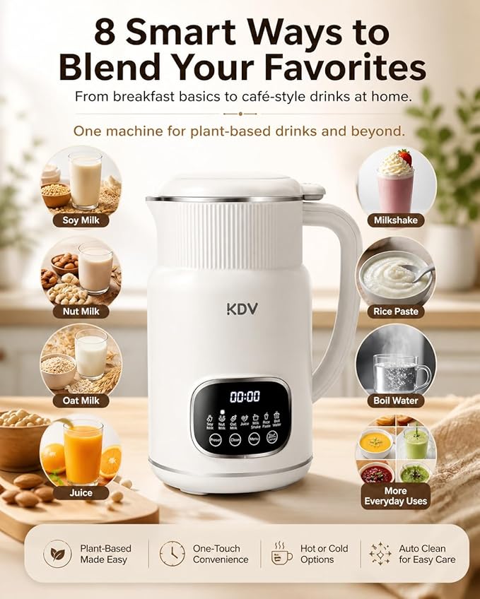 KDV Nut Milk Maker Machine, 8-in-1 Multifunction Soy Milk Maker with Stainless Steel, Homemade Soy, Almond, Oat, Coconut, Plant Based & Non-Dairy Beverages, 24H Delay Start, Keep Warm, Auto Clean