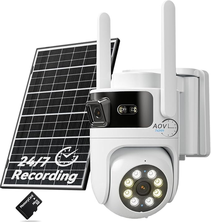 Dual Lens Solar Security Cameras Wireless Outdoor: 2MP+2MP AOV 24/7 Continuous Recording Solar Powered Security Camera Wireless, 2.4G/ 5G WiFi6 Camera with SD Card, 2-Way Talk, Color Night Vision