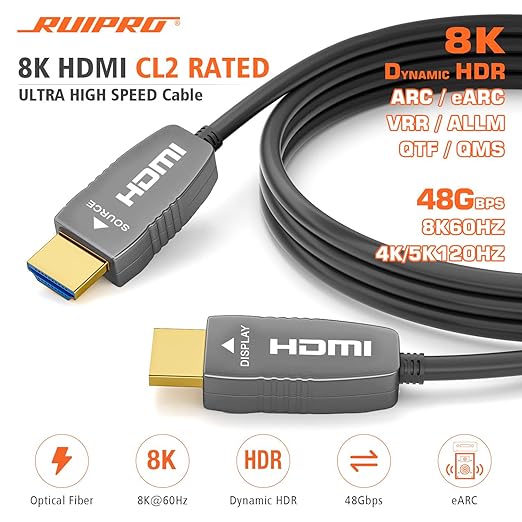 RUIPRO 8K HDMI Fiber Optic Cable CL2 Rated 265 Feet 48Gbps 8K60Hz 4K120Hz Dynamic HDR HDCP2.2/2.3 for RTX4080/4090/3080/3090, Xbox S/X, PS5/4, AVR, Projector, LG/Samsung/Sony TV
