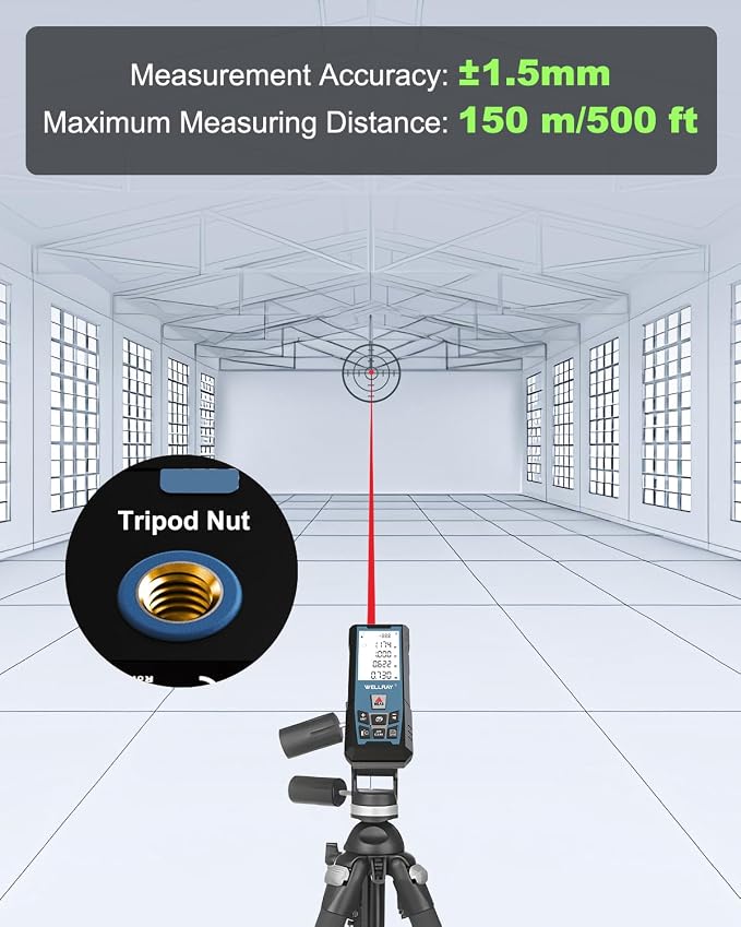 Laser Measuring Tool, 500FT Laser Measure Tool with ±1/16" Accuracy, IP54 Laser Distance Meters with FT/in Units for Area/Volume, Laser Measurement Tool with Angle Sensor for DIY Home Indoor