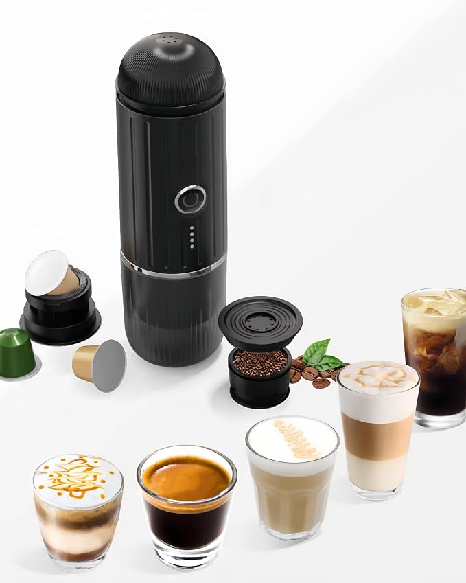 Portable Espresso Machine with 3-4 Min Self-heating, 12V Rechargeable Electric Coffee Machine 19 Bar Compatible with NS Capsules and Ground Coffee for Car Camping Travelling