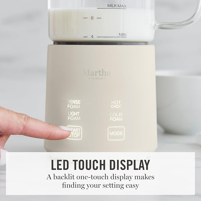 Martha Stewart Milk Frother and Steamer, 10oz/300ml Glass Cup, 4 Presets (Cold Foam, Light, Dense & Hot Chocolate), Ready in 90 Seconds, Cordless Pouring, One-Touch for Hot and Cold Milk, Linen Cream