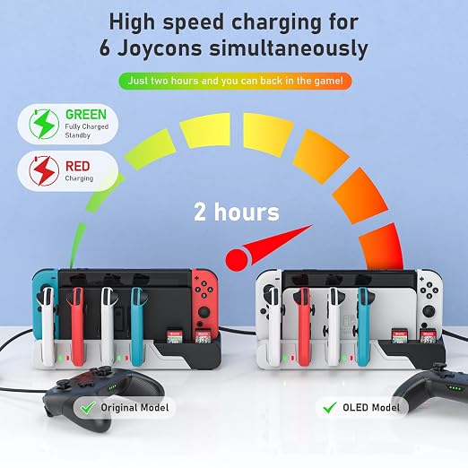 Switch Game Storage with Controller Charger for Nintendo Switch & OLED Model, MLIFEMFUL Switch Charging Dock Charges 6 Joycons, Switch Gaming Accessories Holder Desk, Switch Game Gift Card Organizer