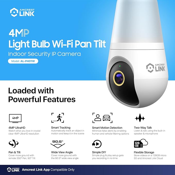 Amcrest Link 4MP Light Bulb WiFi Indoor/Outdoor Camera, Human Detection, 90.5° FOV, Pan/Tilt, IP45, AI Night Color, 2.4GHz/5GHz Dual Band Camera, Supports MicroSD Storage up 128GB