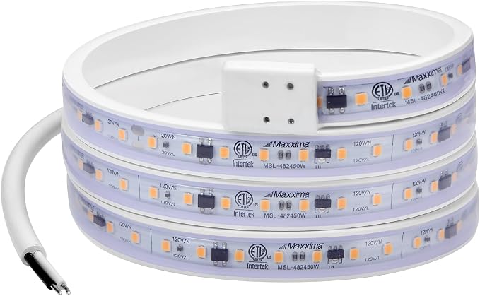 Maxxima 48 in. Hardwired LED Under Cabinet Strip Light, 1840 Lumens, 3000K Warm White, Kitchen and Living Room 120V White Cove Lighting, No Power Supply Needed