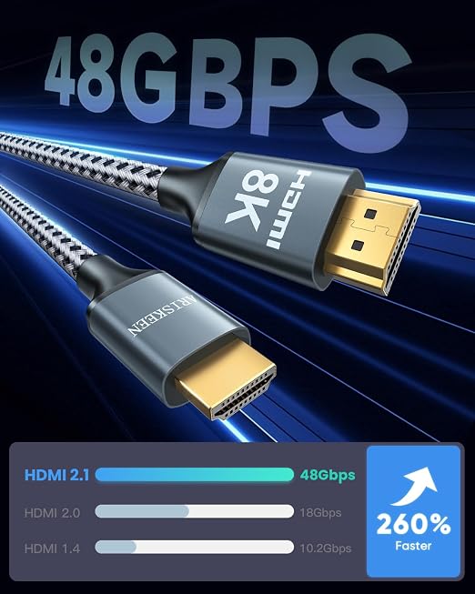 ARISKEEN 8K HDMI Cable 7 FT, 48Gbps High Speed HDMI 2.1 Cable, 8K 60Hz, 4K 120Hz 144Hz Braided HDMI Cord - 7 Feet