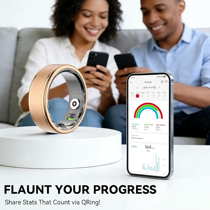 Smart Ring for Women Men,Fitness Ring with 24/7 Activity Tracking,Stress,Sleep Monitoring,No APP Subscription Fees,Compatible with iOS & Android, HarmonyOS Rose Gold, 12#