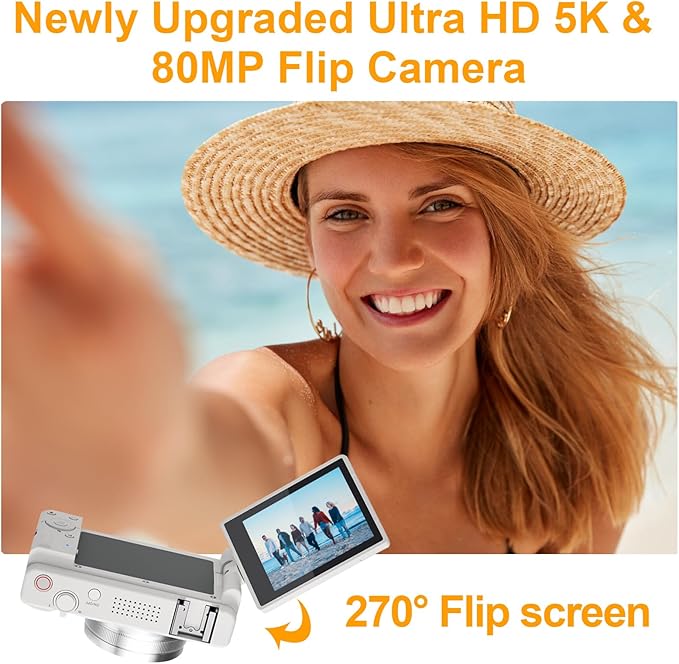 5K UHD Digital Camera for Photography, Autofocus 80MP Vlogging Camera for YouTube, 3" 270° Flip Screen Dual Lens Selfie Camera with18x Digital Zoom, 64GB SD Card, 2 Batteries & Charger,White