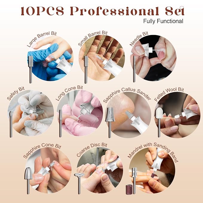 Cordless Electric Nail Drill,Professional Hand Feet Care Rechargeable File Kit,Gel Nail Polish Remover Machine with LED Display,Acrylic Gel Nail Polishing Removing (Silvery White Set)