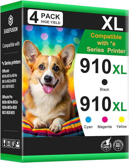 EaseFusion 910XL Ink Cartridges Replacement for HP 910XL Ink Cartridges Combo Pack for HP OfficeJet Pro 8010 8010e 8015 8015e 8022e 8020e 8025e 8028e 8035e Series Printer | Black Cyan Magenta Yellow