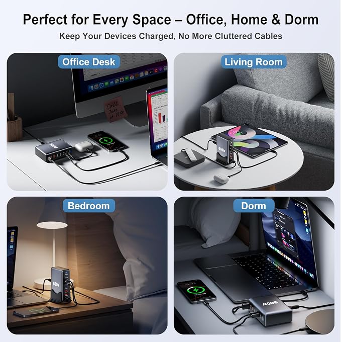 600W Fast Charging 8 Port USB C Charger Block with Nylon Fast Charging Cable, Multi-Device Charging Station Wall Desktop Charger with GaN Ⅲ Technology, USB-C Charger Adapter for MacBook/iPad/iPhone 17