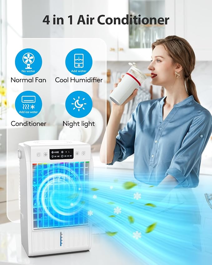 Portable Air Conditioners Fan,Evaporative Mini Room Air Conditioners,Portable AC Unit Air Cooler with 4 in 1 Humidifier Fan Conditioner with 1500ML,3 Speed AC Portable for Room Office Desk (White)