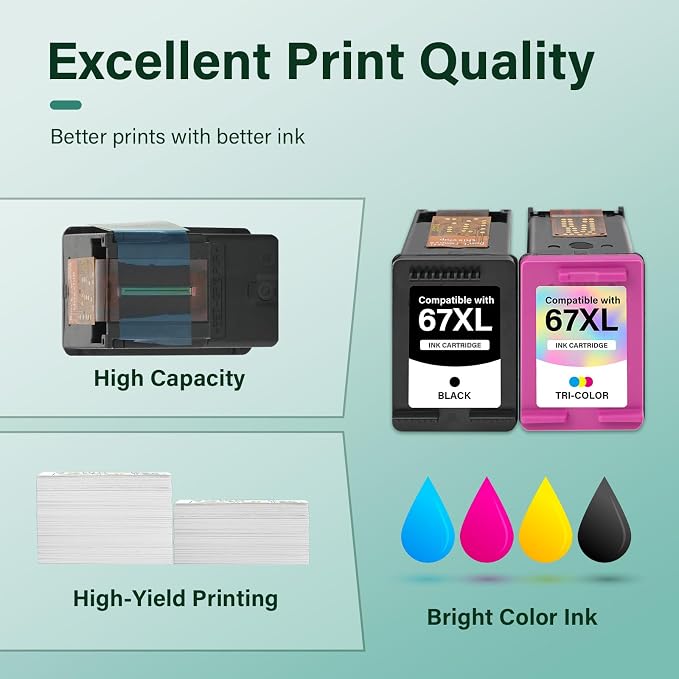 67XL 67 XL 6055e 2755e 2800e 2855e 6000 Ink Cartridges Black/Color Combo Pack Compatible for HP Printer DeskJet 6055e 2700 4155e 4255e 4100 2700e 2734e 2800 2852e Envy 6055e 6455e 6400 Series (2-Pack)