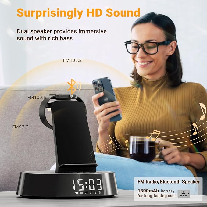 Alarm Clock with Wireless Charging Station, Clock for Bedroom with Night Light Bluetooth Speaker, Wireless Charger Dock Station for iPhone 17 16 15 14 13 12 Pro Max, Apple Watch 11, AirPods 3 (Black)