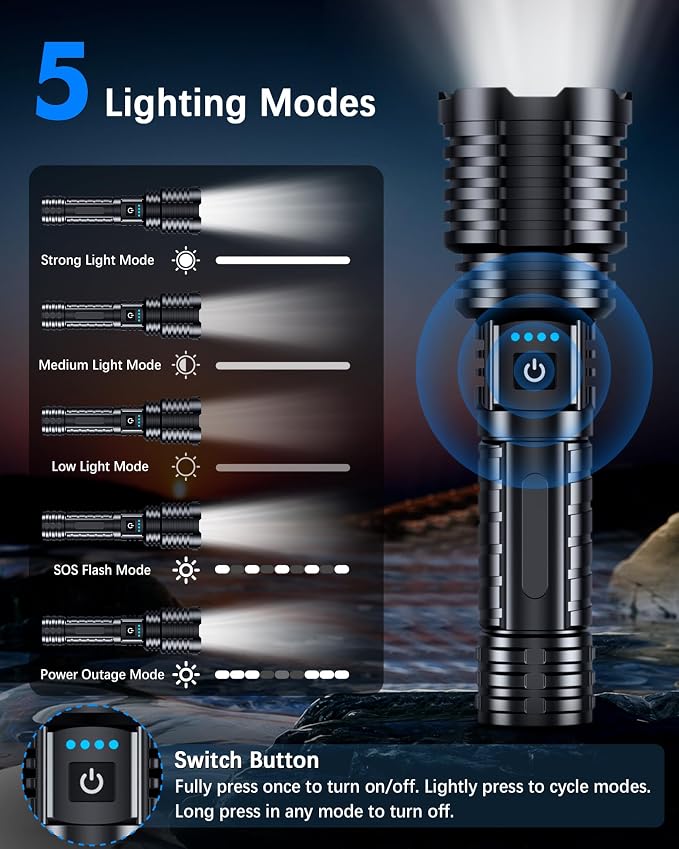 Super Bright Rechargeable LED Flashlights 2500,000 High Lumens, Flashlights High Lumens Up to 25H Long Life| Zoomable| 5Light Modes| IP67 Waterproof, High Powered Flashlight for Camping Home