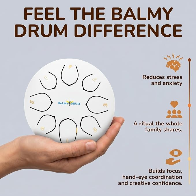 Balmy Drum Steel Tongue Drum 6 inch 8 Notes 440Hz, Handpan Drum with Music Book, Mallets, Carry Bag, Finger Picks, Rain Drum for Outdoor, Meditation Yoga Calming Instruments for Adults Kids (White)