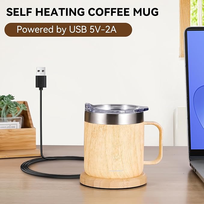 Gifts for Women Men, Heated Coffee Mug Up to 149°F, Ideal Gifts for Christmas, Birthday, Mother's Day, Father's Day or Any Occasion (12oz Bamboo)
