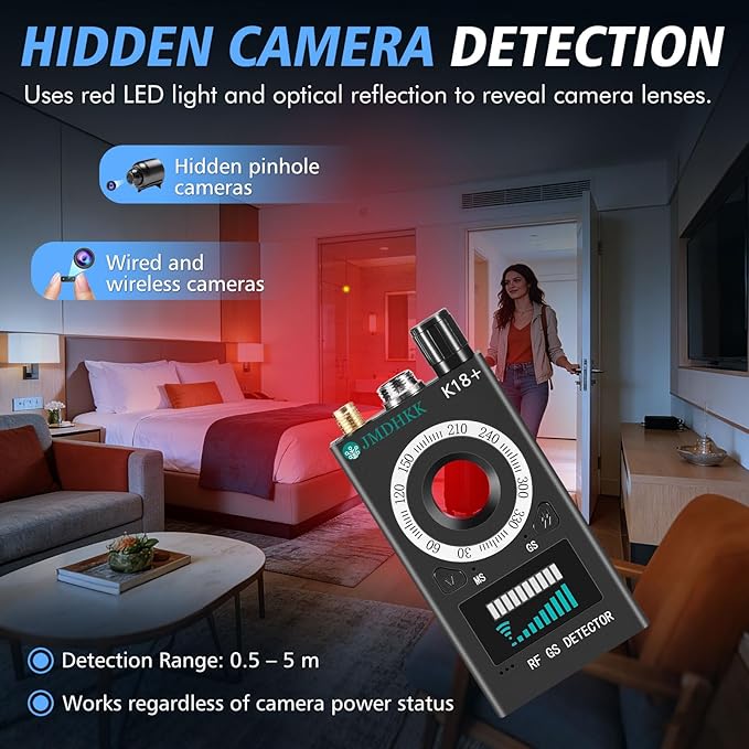 JMDHKK Hidden Camera Detector, Spy Camera Finder, Bug Detector, Magnetic Field Detector, Listening Device Detector – Privacy Protection Tool for Home, Office, Hotel, and Travel Security(Black)