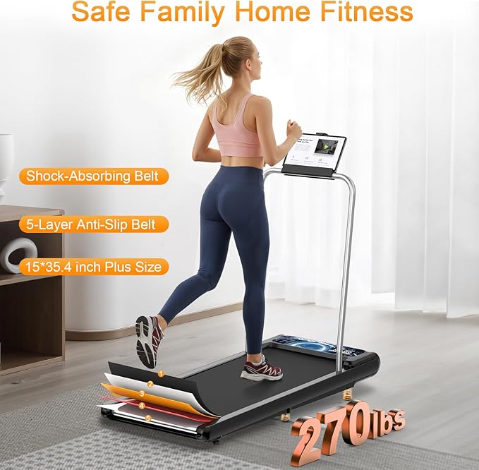 HOELLL Treadmills for Home Small with 0%-8% Incline and APP Sync, Compact Under Desk Walking Treadmill Pad with Handle Bar Removable, Remote Control and LED Display, 2.5HP
