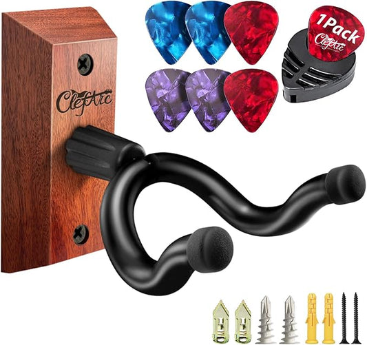 Guitar Wall Mount - Mahogany Hardwood Guitar Wall Hangers, Guitar Picks, Pick Holder, Guitar Accessories, U-Shape Hardwood Guitar Hanger, Gifts for Guitarists, with 6 Assorted Guitar Picks