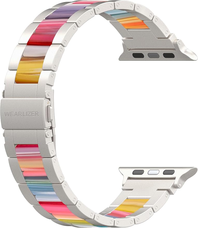 Wearlizer Compatible with Apple Watch Band 38/40/41/42mm Fashion Wristbands Women, Stainless Steel + Resin Metal Replacement for iWatch Series 11 10 9 8 7 6 5 4 3 SE/Ultra 3 2 1-Starlight+Rainbow