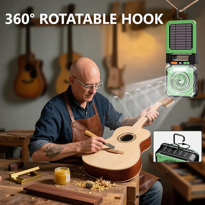 Solar Powered Rechargeable Fan with Light - 3 Speed Portable USB-C Hanger Camping Fan, Power Outage for Home and Kitchen Emergency, Outdoor Tent Fan for Picnic, BBQ and Travel