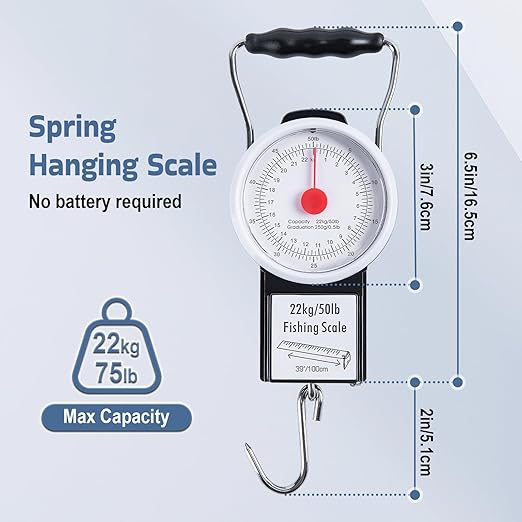 Goture Hanging Scale with 39" Built-in Tape Measure, 50lb/22kg Fishing Scale, Battery-Free Mechanical Spring Scale for Weighing & Measuring Fish, Waterproof Fishing Gear for Saltwater and Freshwater