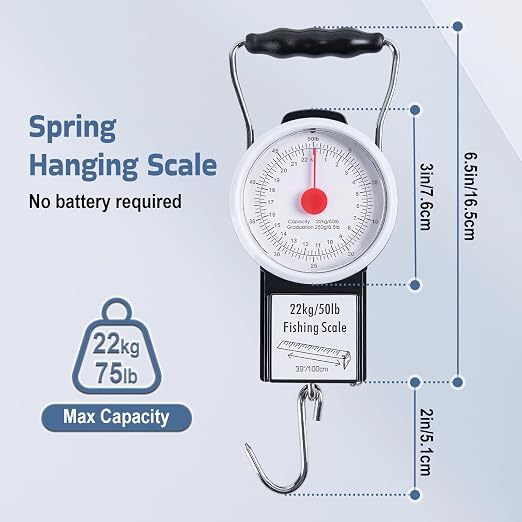 Goture Fishing Hanging Scale + Ruler + Bottle Opener, Mechanical Kitchen and Fish Fishing Scale, Multi-Purpose Portable Hand Held Dial Weight Scale with Tape Measure (50 Lbs / 22Kg)