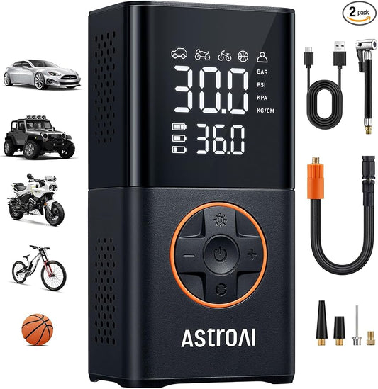 AstroAI L7 Tire Inflator Portable Air Compressor Cordless-2pack Bike Pump with Digital Dual Values Display, 150 PSI Car Tires Pump with LED Lights Air Pump for Cars, Motorcycles, Bikes, Balls Orange