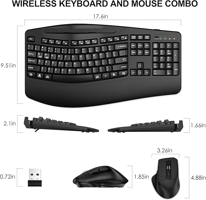 Wireless Keyboard and Mouse Combo, 2.4G Full Size Wave Keys Ergonomic Keyboard with Wrist Rest, Phone Holder, 3-Level DPI Adjustable Wireless Ergonomic Mouse for Windows, Mac Desktop/Laptop/PC(Black)