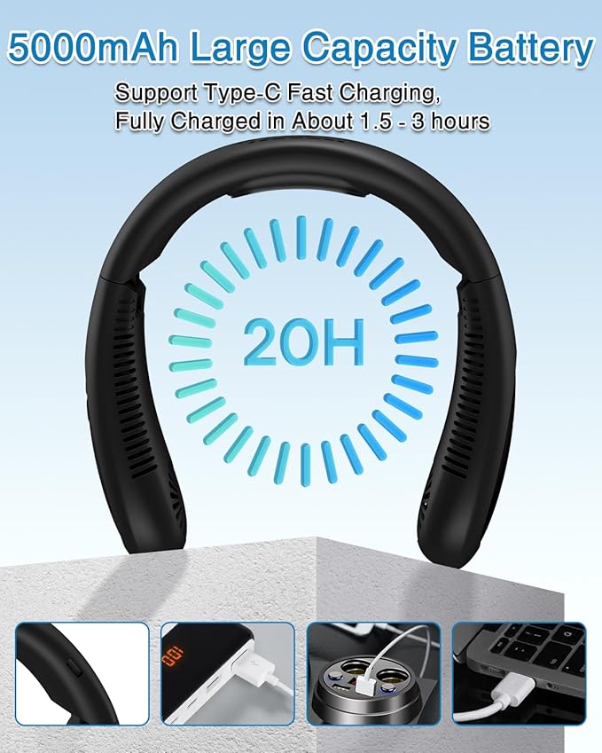 Neck Air Conditioner, Portable Neck Fan with Cooling Plate 360°Cooling Airflow, 5000mah Rechargeable USB Fan Hands Free Bladeless Wearable Foldable Mini Fan for Men Women Home Office Outdoor